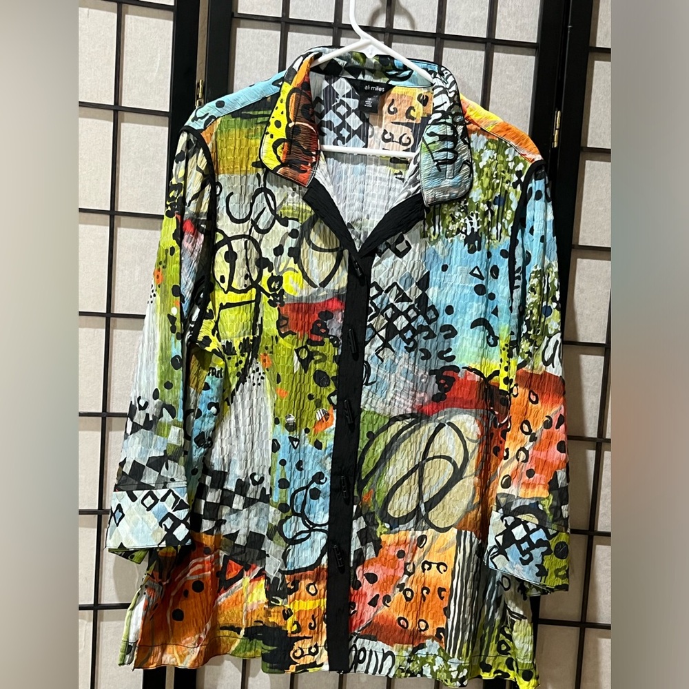 ALI MILES TEXTURED Abstract MULTI Print WIRE COLLAR BUTTON FRONT TUNIC SIZE 1X - Picture 3 of 13